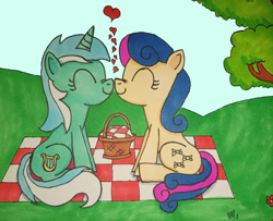 Size: 3680x2992 | Tagged: safe, artist:aking, imported from derpibooru, bon bon, lyra heartstrings, sweetie drops, pony, unicorn, female, flower, lesbian, lyrabon, picnic, shipping, traditional art