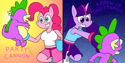 Size: 1920x976 | Tagged: safe, artist:toonboy1029, imported from derpibooru, pinkie pie, spike, twilight sparkle, anthro, dragon, earth pony, unicorn, abuse, boxing, boxing gloves, go to sleep garble, pinkie prick, shitposting, spikeabuse, sports, twibitch sparkle