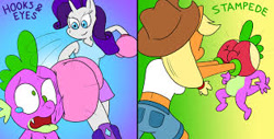 Size: 315x160 | Tagged: safe, artist:toonboy1029, imported from derpibooru, applejack, rarity, spike, anthro, dragon, unicorn, abuse, applejerk, ass, boxing, boxing gloves, butt, female, go to sleep garble, male, picture for breezies, raribitch, shitposting, spikeabuse, sports