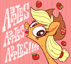 Size: 1936x1741 | Tagged: safe, artist:jimmyjamno1, imported from derpibooru, applejack, earth pony, pony, friendship is witchcraft, apple, applenese, cowboy hat, female, food, freckles, hat, looking at you, mare, open mouth, patch, smiling, solo, that pony sure does love apples, tongue out, wingding eyes