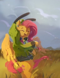 Size: 919x1200 | Tagged: safe, artist:inkhooves, imported from derpibooru, fluttershy, pegasus, pony, antonymph, bipedal, eyes closed, female, fluttgirshy, gir, grass, grass field, mare, open mouth, smiling, solo