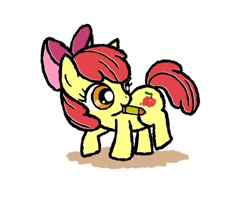 Size: 700x554 | Tagged: safe, artist:kuro96siro46, imported from derpibooru, apple bloom, earth pony, pony, adorabloom, cute, drawing, fake cutie mark, female, filly, foal, looking back, mouth hold, simple background, solo, white background