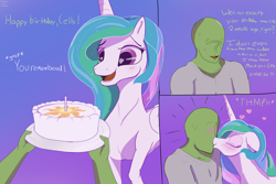 Size: 3000x2000 | Tagged: safe, artist:enonnnymous, imported from derpibooru, princess celestia, oc, oc:anon, alicorn, human, pony, series:anon loves celestia, /sun/, birthday, blushing, cake, cakelestia, candle, canon x oc, clothes, comic, cute, cutelestia, dialogue, duo, female, food, heart, heart eyes, human and pony, kiss on the lips, kissing, male, mare, open mouth, open smile, shirt, smiling, surprise kiss, wingding eyes