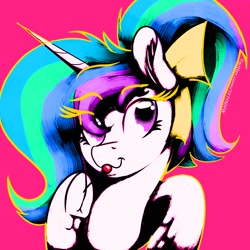 Size: 1500x1500 | Tagged: safe, artist:to_fat_to_fly, imported from derpibooru, princess celestia, alicorn, pony, alternate hairstyle, bust, candy, female, food, frog (hoof), hoof hold, hoofbutt, lollipop, mare, pink background, ponytail, simple background, smiling, solo, underhoof