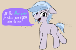 Size: 3256x2181 | Tagged: safe, artist:pinkberry, imported from derpibooru, oc, oc only, oc:winter azure, earth pony, pony, braces, butt, colored, colt, cute, earth pony oc, femboy, floppy ears, foal, freckles, gray coat, happy, hooves, male, mistaken gender, plot, purple eyes, quadrupedal, raised hoof, short mane, short tail, simple background, solo, speech, speech bubble, tail, talking, talking to viewer, teeth, trap, two toned mane, two toned tail, walking