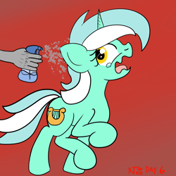 Size: 2000x2000 | Tagged: safe, artist:dafiltafish, imported from derpibooru, lyra heartstrings, pony, unicorn, atg 2022, bad pony, crying, disembodied hand, female, female focus, hand, newbie artist training grounds, red background, run away, running, simple background, solo focus, spray bottle, wavy mouth