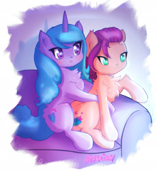 Size: 2000x2172 | Tagged: safe, artist:mistleinn, imported from derpibooru, izzy moonbow, sunny starscout, earth pony, pony, unicorn, :o, chest fluff, couch, duo, duo female, female, frown, g5, high res, hug, izzyscout, lesbian, mare, open mouth, shipping, signature, sitting