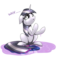 Size: 1853x1809 | Tagged: safe, artist:questionmarkdragon, imported from derpibooru, twilight sparkle, pony, unicorn, color loss, crying, discorded, discorded twilight, floppy ears, open mouth, sad, twilight tragedy, unicorn twilight