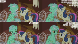 Size: 1280x720 | Tagged: safe, edit, edited screencap, editor:quoterific, imported from derpibooru, screencap, bon bon, lyra heartstrings, sweetie drops, earth pony, pony, unicorn, season 5, slice of life (episode), chair, crossed hooves, duo, eyes closed, female, mare, meme, open mouth, ponyville town hall, sitting, sitting lyra, text