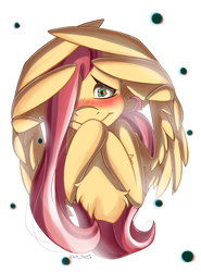 Size: 1891x2557 | Tagged: safe, artist:yuris, imported from derpibooru, fluttershy, pegasus, pony, blushing, closed mouth, cute, female, floppy ears, pink mane, simple background, smiling, solo, spread wings, white background, wings