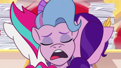 Size: 3500x1959 | Tagged: safe, imported from derpibooru, screencap, pipp petals, queen haven, zipp storm, pegasus, pony, spoiler:g5, spoiler:my little pony: tell your tale, spoiler:tyts01e17, eyes closed, female, g5, mare, my little pony: tell your tale, queens for a day, trio, trio female