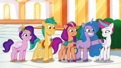 Size: 3410x1920 | Tagged: safe, imported from derpibooru, screencap, hitch trailblazer, izzy moonbow, pipp petals, sunny starscout, zipp storm, earth pony, pegasus, pony, unicorn, spoiler:g5, spoiler:my little pony: tell your tale, spoiler:tyts01e17, female, g5, grin, high res, male, mane five (g5), mare, my little pony: tell your tale, queens for a day, smiling, stallion, youtube link