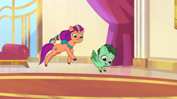 Size: 3410x1920 | Tagged: safe, imported from derpibooru, screencap, sunny starscout, earth pony, pegasus, pony, spoiler:g5, spoiler:my little pony: tell your tale, spoiler:tyts01e17, baby, baby pony, colt, female, foal, g5, high res, male, mare, my little pony: tell your tale, open mouth, open smile, queens for a day, smiling, soaring leaf, spread wings, wings, youtube link