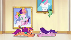 Size: 3410x1920 | Tagged: safe, imported from derpibooru, screencap, pipp petals, sunny starscout, zipp storm, earth pony, pegasus, pony, spoiler:g5, spoiler:my little pony: tell your tale, spoiler:tyts01e17, adorapipp, baby, baby pony, colt, crossed hooves, cute, female, filly, filly pipp petals, filly zipp storm, flying, foal, g5, high res, male, mare, my little pony: tell your tale, open mouth, open smile, queens for a day, rosygold, smiling, soaring leaf, spread wings, wings, younger, youtube link