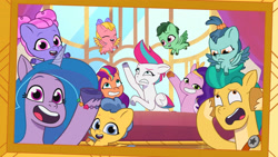 Size: 3410x1920 | Tagged: safe, imported from derpibooru, screencap, hitch trailblazer, izzy moonbow, pipp petals, sunny starscout, zipp storm, earth pony, pegasus, pony, unicorn, spoiler:g5, spoiler:my little pony: tell your tale, spoiler:tyts01e17, bow, bracelet, colt, eyes closed, female, filly, flying, foal, friendship bracelet, frown, g5, grin, gumdrop pop, hair bow, high res, jewelry, male, mane five (g5), mare, morning rain, my little pony: tell your tale, open mouth, open smile, queens for a day, rosygold, smiling, soaring leaf, spread wings, stallion, sunflower skies, unamused, wings, youtube link