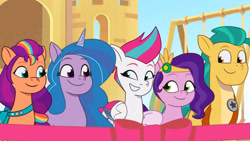 Size: 3410x1920 | Tagged: safe, imported from derpibooru, screencap, hitch trailblazer, izzy moonbow, pipp petals, sunny starscout, zipp storm, earth pony, pegasus, pony, unicorn, spoiler:g5, spoiler:my little pony: tell your tale, spoiler:tyts01e17, female, g5, grin, high res, male, mane five (g5), mare, my little pony: tell your tale, queens for a day, smiling, stallion, youtube link