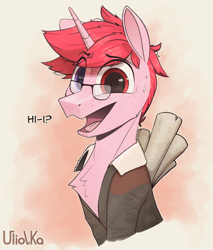 Size: 1290x1514 | Tagged: safe, artist:uliovka, imported from derpibooru, oc, oc:basura, pony, unicorn, bust, clothes, glasses, heterochromia, jacket, male, red background, scroll, simple background, stallion