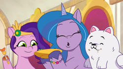 Size: 3410x1920 | Tagged: safe, imported from derpibooru, screencap, izzy moonbow, pipp petals, dog, pegasus, pomeranian, pony, unicorn, spoiler:g5, spoiler:my little pony: tell your tale, spoiler:tyts01e17, :o, cloudpuff, eyes closed, female, flying pomeranian, g5, high res, mare, my little pony: tell your tale, open mouth, queens for a day, smiling, trio, winged dog, youtube link