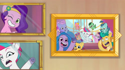 Size: 3410x1920 | Tagged: safe, imported from derpibooru, screencap, hitch trailblazer, izzy moonbow, pipp petals, sunny starscout, zipp storm, earth pony, pegasus, pony, unicorn, spoiler:g5, spoiler:my little pony: tell your tale, spoiler:tyts01e17, colt, eyes closed, female, filly, flying, foal, g5, grin, gumdrop pop, high res, male, mane five (g5), mare, morning rain, my little pony: tell your tale, one eye closed, open mouth, open smile, queens for a day, rosygold, smiling, soaring leaf, spread wings, stallion, sunflower skies, wings, wink, youtube link
