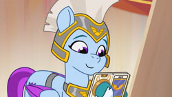 Size: 3410x1920 | Tagged: safe, imported from derpibooru, screencap, pegasus, pony, spoiler:g5, spoiler:my little pony: tell your tale, spoiler:tyts01e17, cellphone, female, g5, guardsmare, high res, mare, my little pony: tell your tale, pegasus royal guard, phone, queens for a day, royal guard, smartphone, smiling, solo, youtube link, zoom zephyrwing