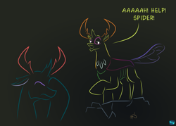 Size: 775x555 | Tagged: safe, artist:quint-t-w, imported from derpibooru, pharynx, thorax, changedling, changeling, spider, atg 2022, brothers, changedling brothers, facehoof, gradient background, king thorax, male, minimalist, newbie artist training grounds, prince pharynx, raised hoof, rock, scared, screaming, siblings