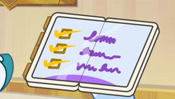 Size: 3410x1920 | Tagged: safe, imported from derpibooru, screencap, pegasus, pony, spoiler:g5, spoiler:my little pony: tell your tale, spoiler:tyts01e17, cellphone, female, g5, high res, mare, my little pony: tell your tale, offscreen character, phone, queens for a day, smartphone, solo, written equestrian, youtube link, zoom zephyrwing