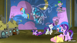 Size: 640x360 | Tagged: safe, imported from derpibooru, screencap, applejack, fluttershy, rainbow dash, rarity, spike, starlight glimmer, trixie, twilight sparkle, alicorn, dragon, earth pony, pegasus, pony, unicorn, horse play, season 8, spoiler:s08, animated, applejack's hat, bucket, cape, clothes, cowboy hat, crying, female, flying, gif, gifs.com, hat, horn, male, mare, mouth hold, open mouth, open smile, smiling, smoke, smoking horn, spread wings, trixie's cape, trixie's hat, twilight sparkle (alicorn), water, wings