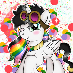 Size: 1024x1024 | Tagged: safe, artist:doraeartdreams-aspy, imported from derpibooru, oc, oc only, oc:lightning bliss, alicorn, pony, abstract background, alicorn oc, aviator goggles, cute, goggles, horn, jewelry, lightning bliss's magic lessons, lightning bliss's magic lessons:the magic satchel, necklace, ocbetes, ring, solo, tail, tail ring, wings