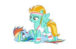 Size: 2732x1755 | Tagged: safe, artist:xcosmicghostx, imported from derpibooru, lightning dust, rainbow dash, pegasus, pony, bedroom eyes, clothes, duo, female, headband, lesbian, lying down, mare, on back, open mouth, pinned down, rainbowdust, shipping, simple background, sweatband, tanktop, transparent background