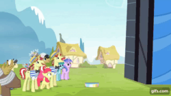Size: 640x360 | Tagged: safe, imported from derpibooru, screencap, apple bloom, flam, flim, granny smith, earth pony, pony, unicorn, leap of faith, season 4, animated, apple bloom's bow, bow, brothers, female, filly, flim flam brothers, foal, gif, gifs.com, hair bow, male, mare, open mouth, siblings, stallion