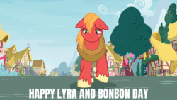 Size: 520x293 | Tagged: safe, edit, edited screencap, editor:quoterific, imported from derpibooru, screencap, big macintosh, bon bon, lyra heartstrings, sweetie drops, earth pony, pony, unicorn, season 8, the break up breakdown, ^^, adorabon, animated, cute, eyes closed, female, floppy ears, hug, lyrabetes, male, mare, present, sad, smiling, stallion, text, trio