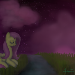 Size: 1217x1213 | Tagged: safe, artist:4agonism, imported from derpibooru, fluttershy, pegasus, pony, cute, daaaaaaaaaaaw, eyes closed, grass, lying down, meditating, outdoors, pink sky, relaxing, river, shading, shyabetes, signature, smiling, stars, stream, sunset, water, watermark