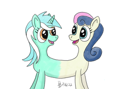 Size: 1200x849 | Tagged: safe, artist:darkdabula, imported from derpibooru, bon bon, lyra heartstrings, sweetie drops, earth pony, pony, unicorn, atg 2022, fusion, lyrabon (fusion), newbie artist training grounds, pushmi-pullyu, simple background, white background