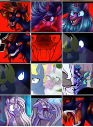 Size: 1125x1530 | Tagged: safe, idw, imported from derpibooru, princess luna, radiant hope, oc, oc only, oc:light breeze, oc:mythic blue hope, alicorn, bat pony, unicorn, angry, evil, female, glowing, glowing eyes, happy, insanity, lightverse, male, mare, next generation, nightmare fuel, red eyes, scary, sharp teeth, stallion, teeth