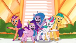 Size: 2080x1170 | Tagged: safe, imported from derpibooru, screencap, hitch trailblazer, izzy moonbow, pipp petals, sunny starscout, zipp storm, earth pony, pegasus, pony, unicorn, spoiler:tyts01e17, female, g5, male, mare, my little pony: tell your tale, queens for a day, stallion