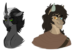 Size: 2400x1800 | Tagged: safe, artist:purplegrim40, imported from derpibooru, oc, oc only, pony, unicorn, bust, clothes, duo, heterochromia, horn, male, simple background, smiling, stallion, transparent background, unicorn oc