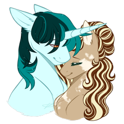 Size: 1800x1800 | Tagged: safe, artist:purplegrim40, imported from derpibooru, oc, oc only, earth pony, pony, unicorn, bust, duo, ear fluff, earth pony oc, female, horn, male, mare, simple background, smiling, stallion, transparent background, unicorn oc