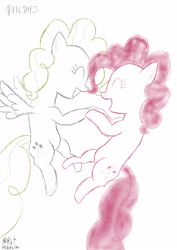 Size: 2480x3508 | Tagged: safe, artist:mrkat7214, imported from derpibooru, pinkie pie, surprise, earth pony, pegasus, pony, adoraprise, atg 2022, cute, diapinkes, duo, female, g1, g1 to g4, g4, generation leap, generational ponidox, grin, high res, holding hooves, mare, newbie artist training grounds, open mouth, open smile, sketch, smiling