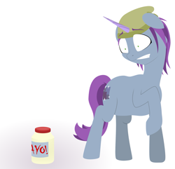 Size: 1999x1928 | Tagged: safe, artist:thaneofkovdor, imported from derpibooru, pony, unicorn, atg 2022, background pony, bing bong, female, food, g5, hat, mare, mayonnaise, mint grove, newbie artist training grounds, sauce, scared, simple background, solo, vector