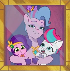 Size: 345x349 | Tagged: safe, imported from derpibooru, screencap, pipp petals, queen haven, zipp storm, pegasus, pony, spoiler:g5, spoiler:my little pony: tell your tale, spoiler:tyts01e17, adorapipp, adorazipp, continuity error, cute, family photo, female, filly, filly pipp petals, filly zipp storm, g5, happy, headband, mare, mother and child, mother and daughter, my little pony: tell your tale, queens for a day, royal sisters (g5), siblings, sisters, smiling, younger