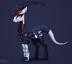 Size: 3600x3181 | Tagged: safe, artist:fenixdust, imported from derpibooru, oc, oc only, oc:xr-47 primax, android, pony, robot, robot pony, antenna, black socks, boots, clothes, colored belly, commander, dark belly, equine, fenixdust didn't use hockless socks, formal, formal wear, futuristic, hat, high res, logo, machine, mecha, mechanic, military, military uniform, quadrupedal, red eyes, shoes, simple background, slim, socks, standing, suit, tail, tall, thigh highs, thin, uniform, xenestra corporation