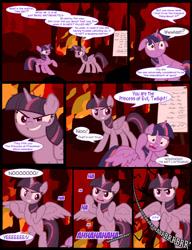 Size: 1042x1358 | Tagged: safe, artist:dendoctor, imported from derpibooru, mean twilight sparkle, twilight sparkle, alicorn, pony, comic:clone.., alternate universe, clone, comic, female, fire, g4, self paradox, self ponidox, tree, twilight sparkle (alicorn)