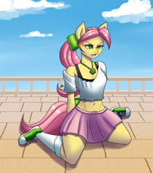 Size: 1500x1700 | Tagged: safe, artist:zachc, imported from derpibooru, anthro, earth pony, plantigrade anthro, angry, belly button, bow, clothes, converse, cross-popping veins, female, g5, hair bow, jewelry, kneeling, necklace, posey bloom, shoes, skirt, solo, tail, tail bow