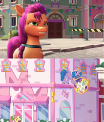 Size: 1368x1602 | Tagged: safe, edit, imported from derpibooru, screencap, izzy moonbow, sunny starscout, pony, unicorn, spoiler:g5, spoiler:my little pony: tell your tale, spoiler:tyts01e13, dumpster diving, female, g5, game screencap, izzy would never do anything like that, mare, my little pony: a maretime bay adventure, my little pony: tell your tale, posey bloom