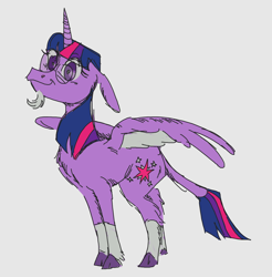 Size: 1196x1216 | Tagged: safe, artist:mpregnaruto, imported from derpibooru, twilight sparkle, alicorn, pony, coat markings, colored sketch, facial hair, floppy ears, glasses, goatee, leonine tail, redesign, simple background, sketch, socks (coat markings), solo, tail, twilight sparkle (alicorn)