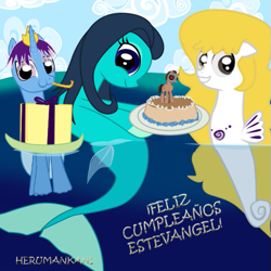 Size: 567x567 | Tagged: safe, artist:herumankahi, imported from derpibooru, oc, oc:prettywave, oc:prince arion, oc:silvernaqua, merpony, sea pony, seapony (g4), birthday, cake, food, ocean, present, water