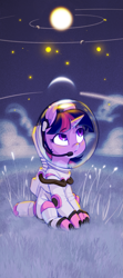 Size: 1073x2412 | Tagged: safe, artist:blue ink, imported from derpibooru, twilight sparkle, pony, unicorn, astronaut, female, mare, moon, phone wallpaper, sitting, solo, spacesuit, stars, sun, unicorn twilight