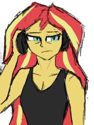 Size: 960x1280 | Tagged: safe, artist:peel_a_na, imported from derpibooru, sunset shimmer, human, bare shoulders, clothes, headphones, humanized, simple background, sleeveless, solo, sunset shimmer is not amused, tanktop, tired, unamused, white background