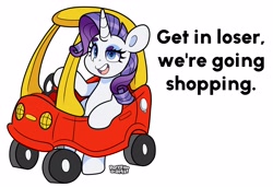 Size: 4000x2737 | Tagged: safe, artist:partylikeanartist, imported from derpibooru, rarity, pony, unicorn, bipedal, cozy coupe, dialogue, female, get in loser, mare, mean girls, simple background, solo, talking to viewer, white background
