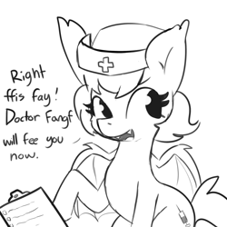 Size: 2250x2250 | Tagged: safe, artist:tjpones, imported from derpibooru, oc, oc only, bat pony, pony, bat pony oc, black and white, clipboard, fangs, female, grayscale, hat, lisp, mare, monochrome, nurse, nurse hat, simple background, solo, white background